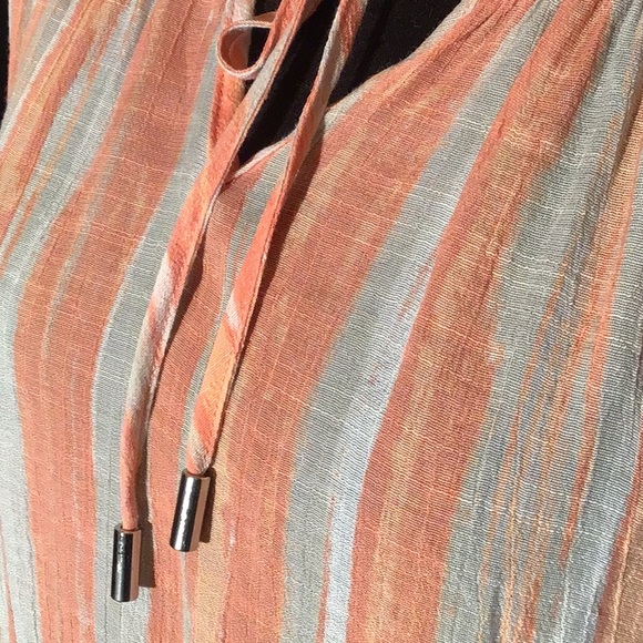 Robert Louis peasant blouse coral white vertical stripes elastic neckline L - Picture 2 of 6